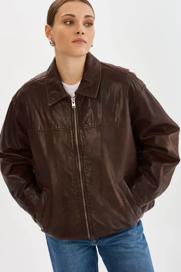 LAMARQUE Leather Jackets | THEIA | Leather Bomber Jacket Dark Brown