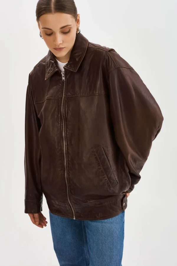 LAMARQUE Leather Jackets | THEIA | Leather Bomber Jacket Dark Brown