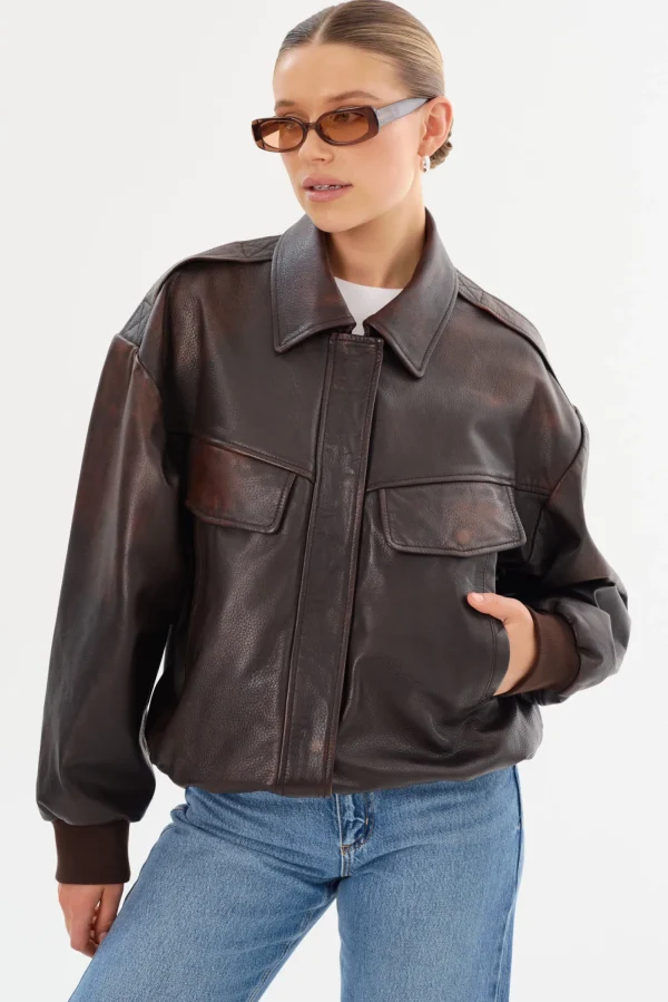 LAMARQUE Coats&Jackets | Leather Jackets | TREVANNA | Leather Bomber Jacket Rub Off Brown