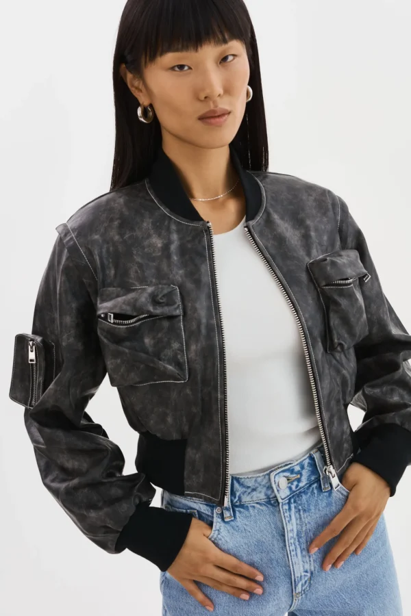 LAMARQUE Leather Jackets | XAIA | Faux Leather Convertible Bomber Jacket Vintage Black