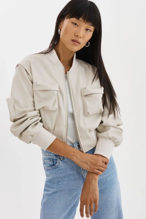 LAMARQUE Leather Jackets | XAIA | Faux Leather Convertible Bomber Jacket Bone