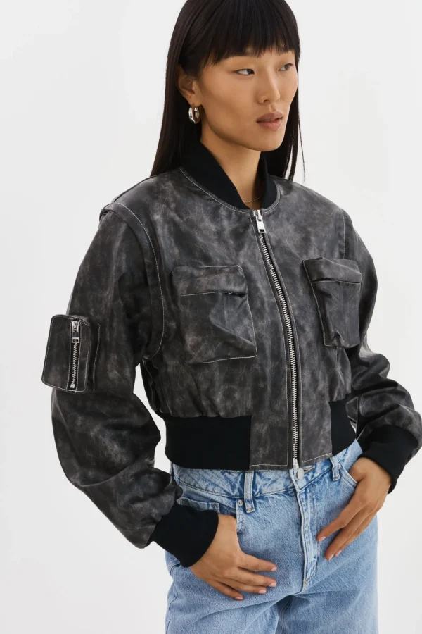 LAMARQUE Leather Jackets | XAIA | Faux Leather Convertible Bomber Jacket Vintage Black