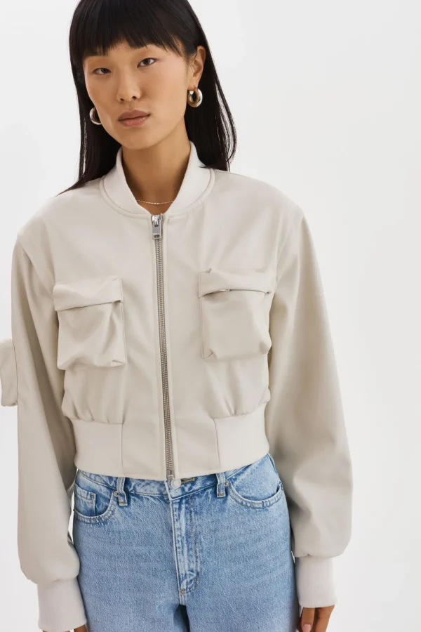LAMARQUE Leather Jackets | XAIA | Faux Leather Convertible Bomber Jacket Bone
