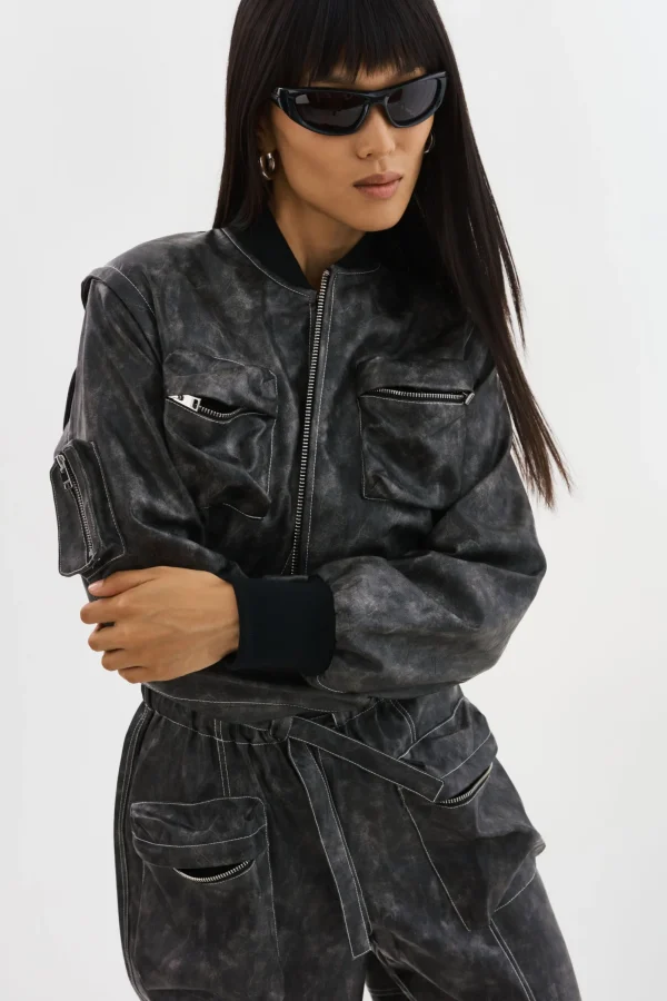 LAMARQUE Leather Jackets | XAIA | Faux Leather Convertible Bomber Jacket Vintage Black