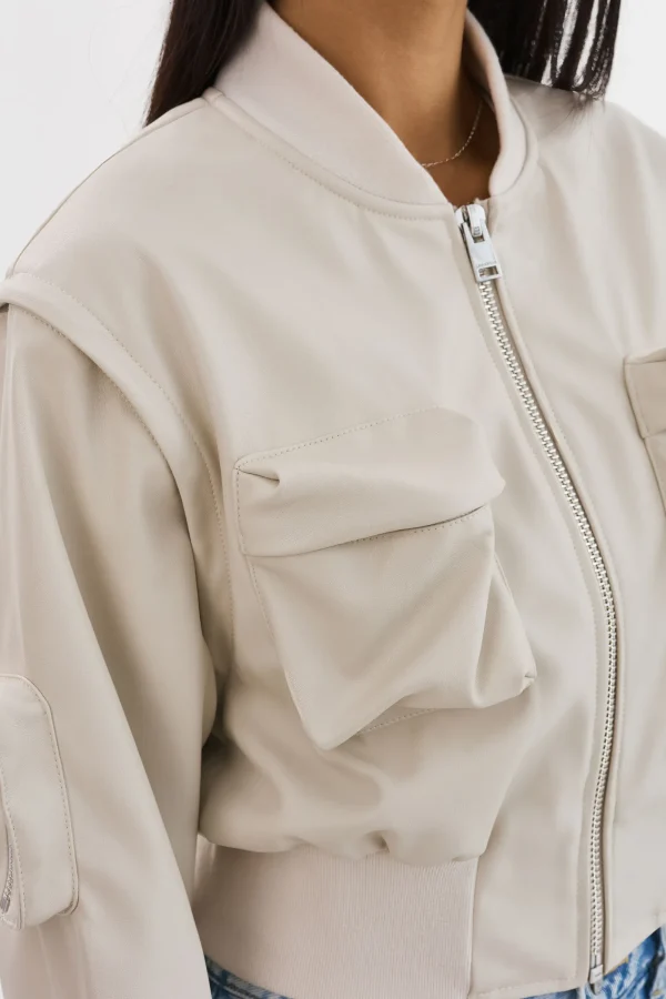 LAMARQUE Leather Jackets | XAIA | Faux Leather Convertible Bomber Jacket Bone