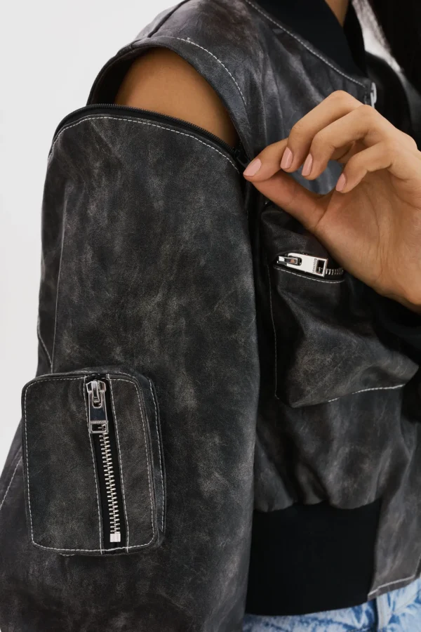 LAMARQUE Leather Jackets | XAIA | Faux Leather Convertible Bomber Jacket Vintage Black