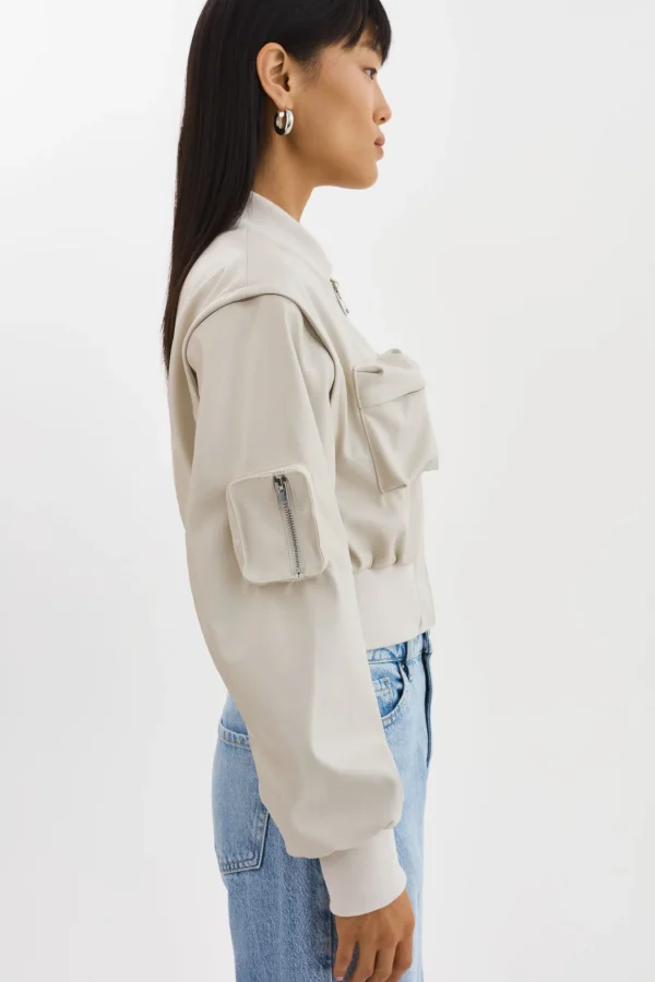 LAMARQUE Leather Jackets | XAIA | Faux Leather Convertible Bomber Jacket Bone