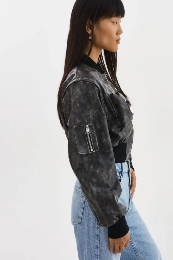 LAMARQUE Leather Jackets | XAIA | Faux Leather Convertible Bomber Jacket Vintage Black