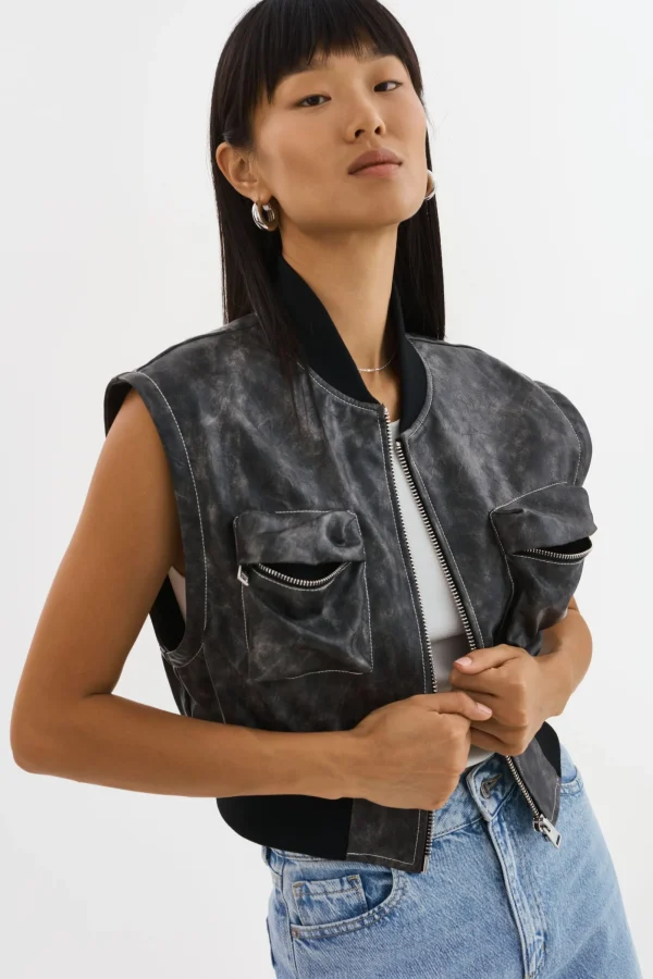 LAMARQUE Leather Jackets | XAIA | Faux Leather Convertible Bomber Jacket Vintage Black