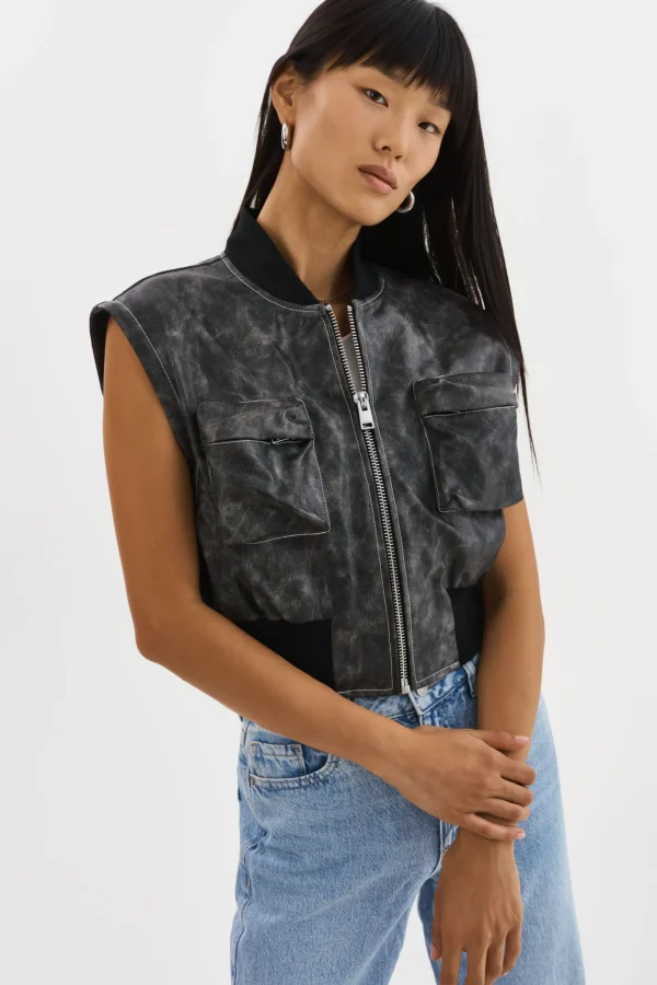 LAMARQUE Leather Jackets | XAIA | Faux Leather Convertible Bomber Jacket Vintage Black