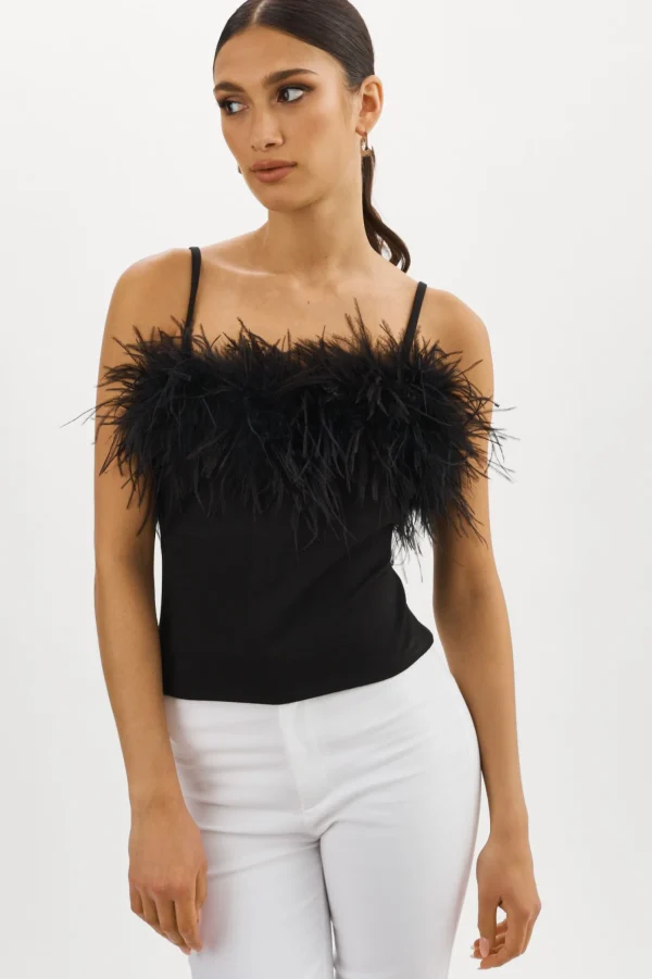 LAMARQUE Tops | YARINA Feather Trimmed Top Black