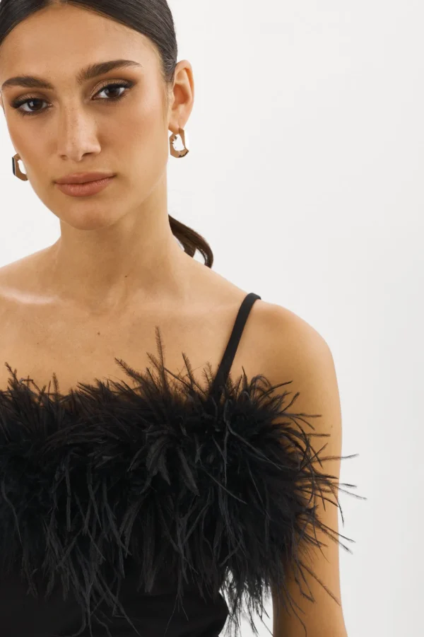 LAMARQUE Tops | YARINA Feather Trimmed Top Black