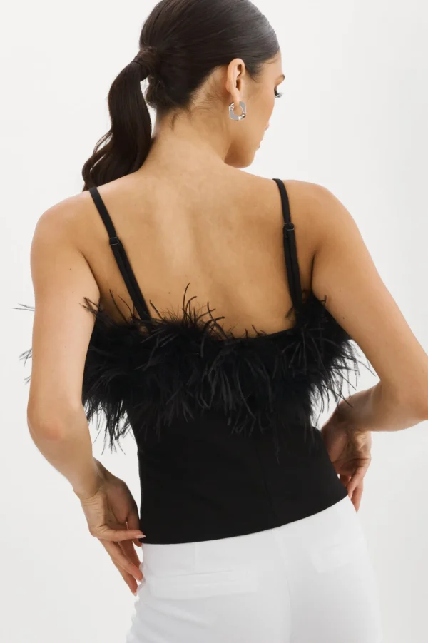 LAMARQUE Tops | YARINA Feather Trimmed Top Black